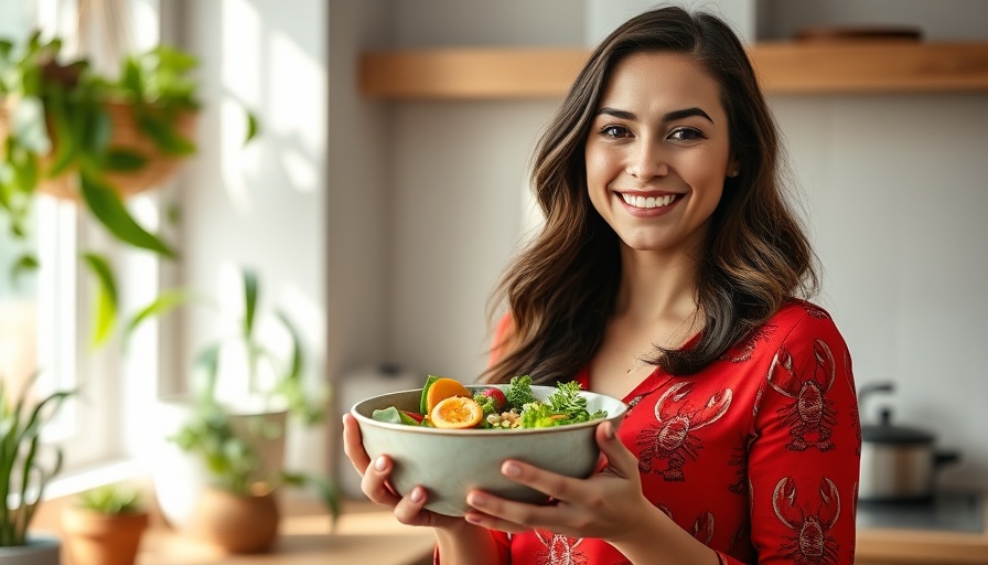 Smiling woman in kitchen holding a healthy breakfast.