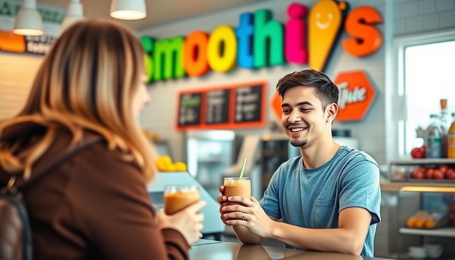 Smiling employee serves smoothie at vibrant counter, bright setting.