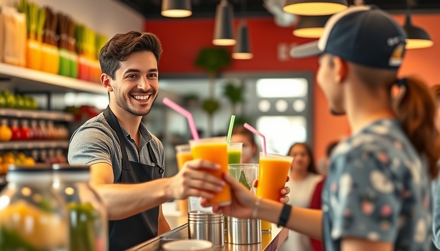 Friendly server handing smoothie to customer at bar.