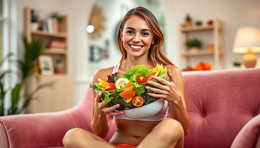 Fit woman enjoying a high-protein summer salad on a pink sofa.
