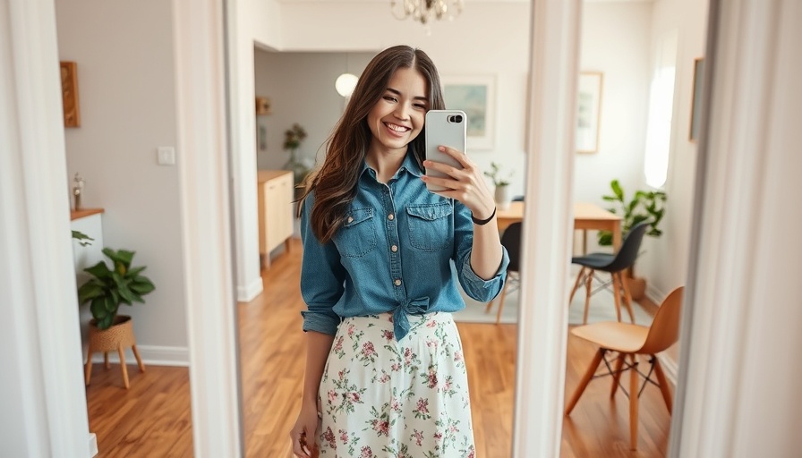 Smiling woman in mirror selfie wearing casual outfit, modern room