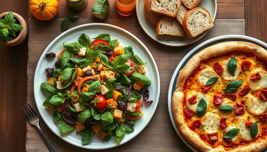 Family-style dinner setup with salad and pizza for easy solo parenting dinner.