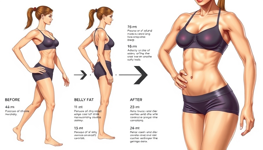 Illustration showing belly fat reduction techniques in a transformation sequence.