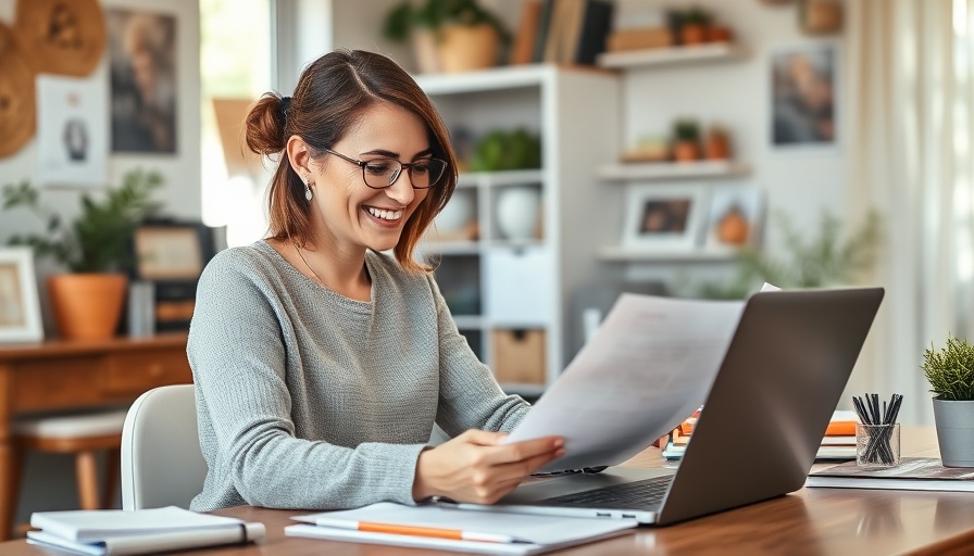 Remote work tips for fitness professionals: woman reviewing documents at a home office desk.