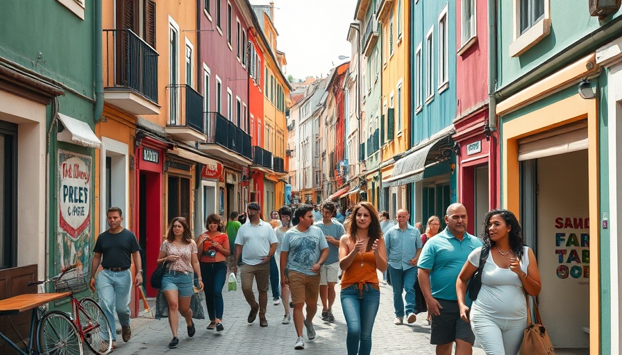 Colorful street scene highlighting family dreams with vibrant buildings.