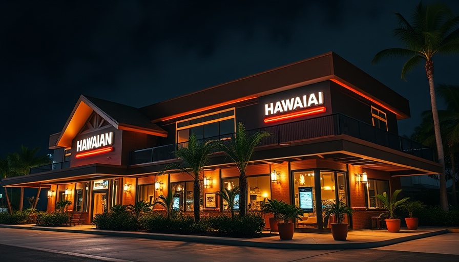 Hawaiian Bros Nebraska location exterior at night with neon sign and lights