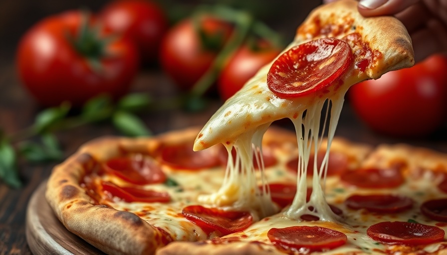 Cheesy pepperoni pizza slice being served, close-up view.