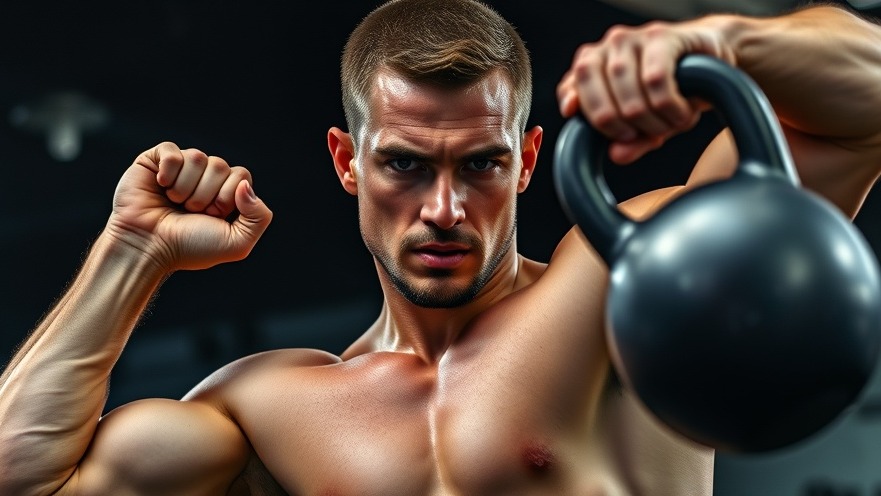 Athletic man performing kettlebell swings in a dark gym, showcasing a full body workout.