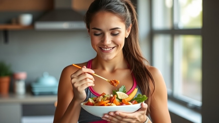 Young female athlete practicing healthy eating habits for kids while balancing in Side Crow Pose.