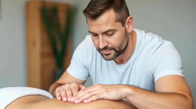 Male massage therapist performing trigger point therapy on a patient.