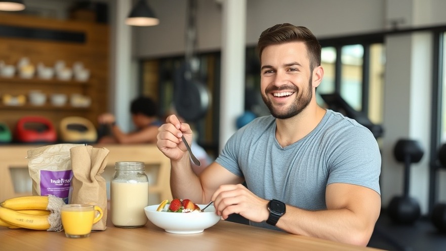 Happy gym owner enjoying a high-protein breakfast, embracing nutrition trends in biohacking.