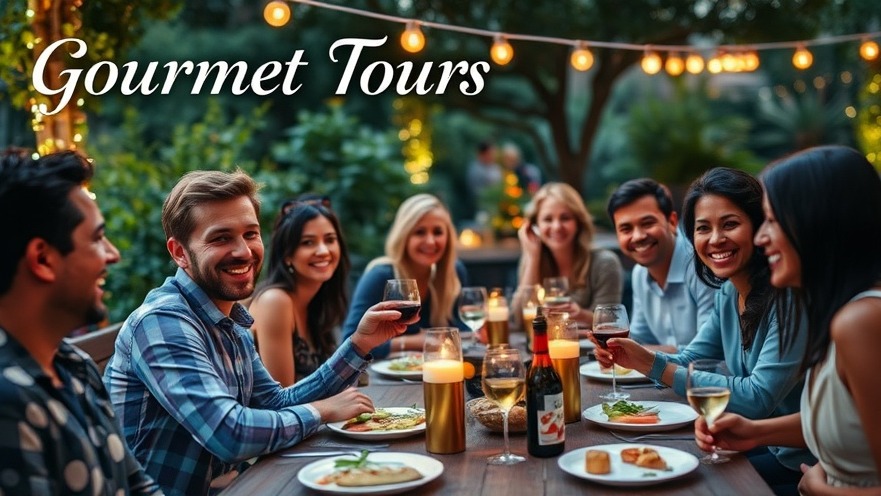 Gourmet Tours: People enjoying a vibrant outdoor meal, surrounded by greenery and lights.