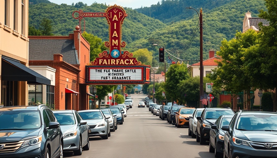 Fairfax street with theater and budget report theme, lush hills.