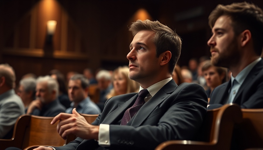 Man in suit in dimly lit auditorium discussing.