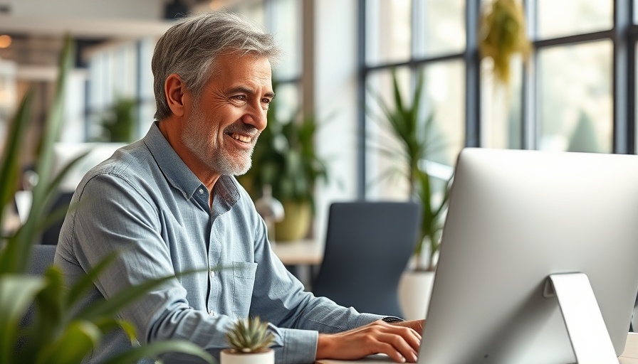 Older man working at computer in a dynamic office, unretirement theme.