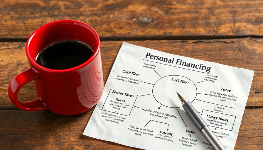 Financial planning diagram on napkin with coffee cup and pen, spending plan theme.