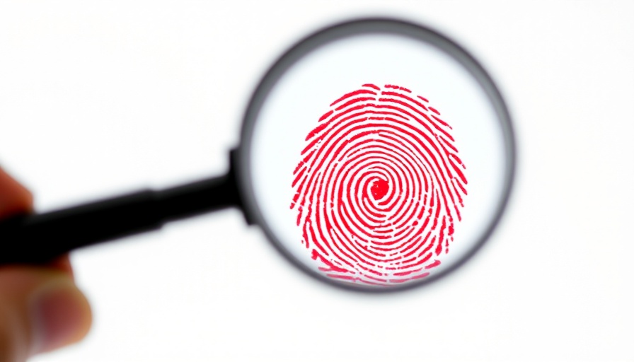 Close-up of a red fingerprint under magnifying glass.