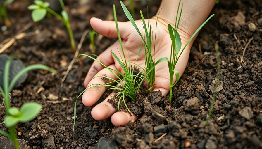 Close-up of hand examining weeds in garden soil.