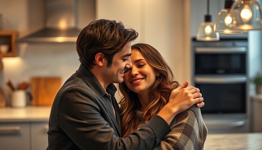 Intimate scene in a modern kitchen setting.