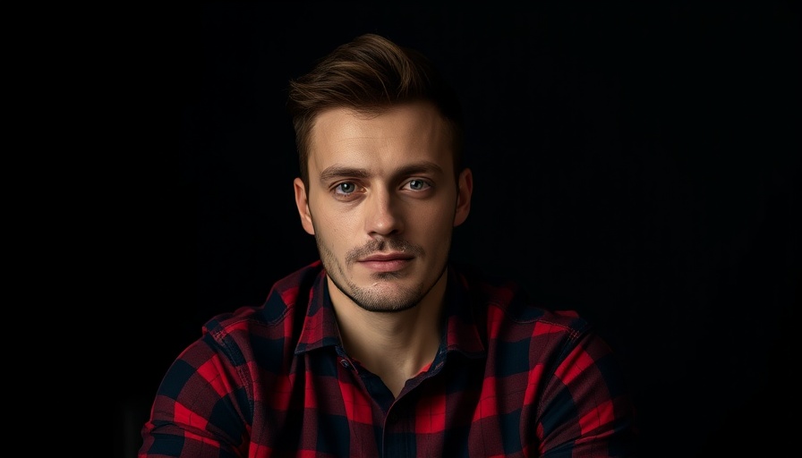 Man in plaid shirt, neutral expression, against dark background.