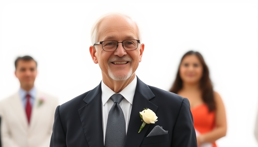 Smiling older man at formal event with a white background.
