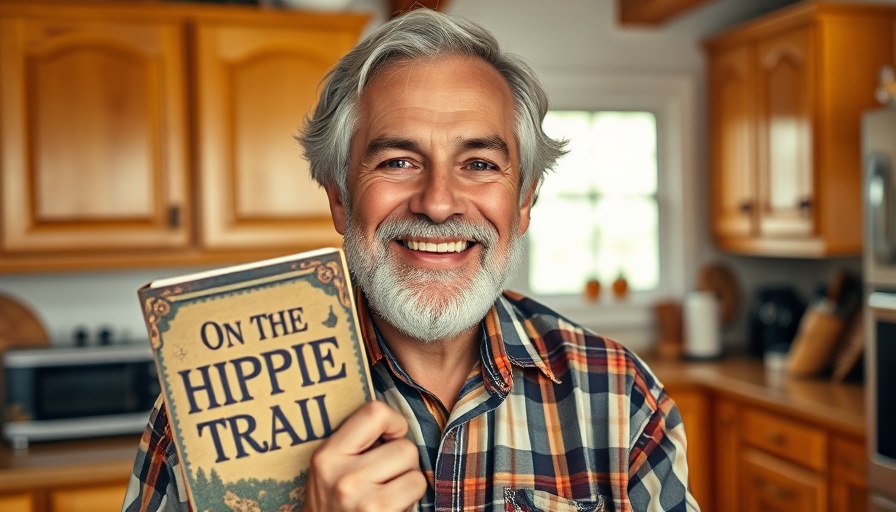 Upcoming author talks Marin, man showcasing book in kitchen.