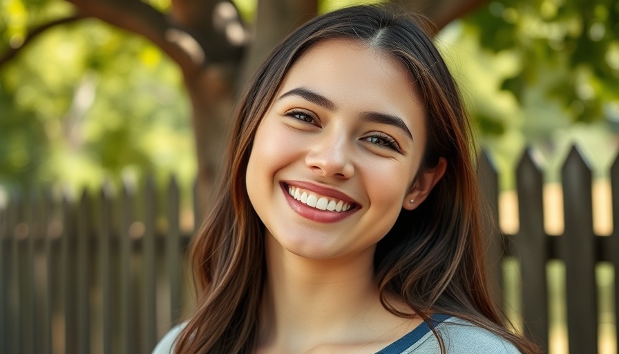 Smiling teen girl at Marin Teen Girls Conference 2023 with tree background.