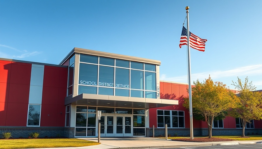School district office with American flag and welcoming entrance in natural daylight, local news school community dialogue.