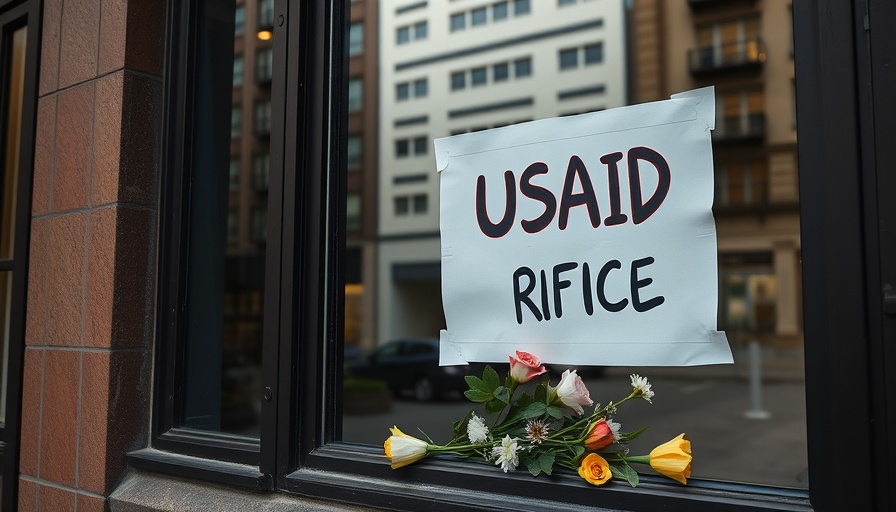 USAID office window with RIP sign and flowers, urban setting.