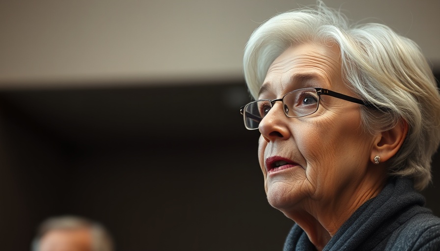 Older woman giving a speech during Education Department layoffs discussion.