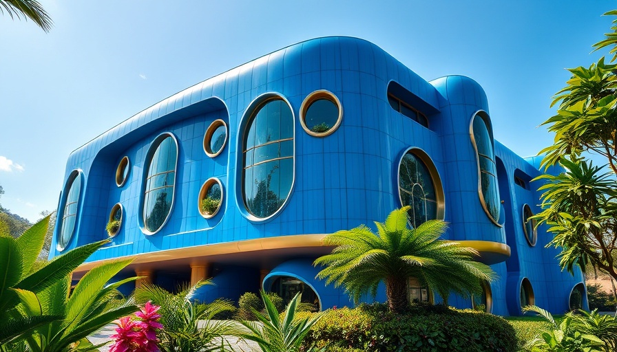 Futuristic blue architecture in Marin County, clear sky.