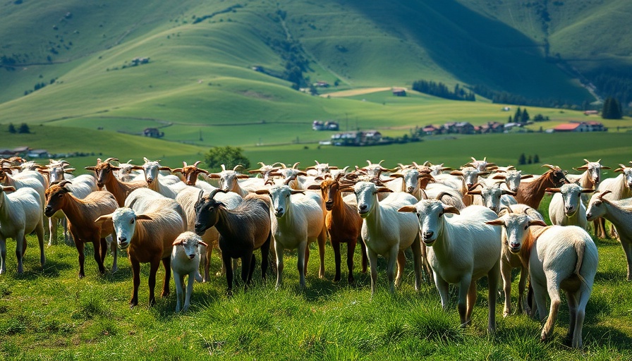 Herd of goats grazing on a hillside with homes in background, local news setting.