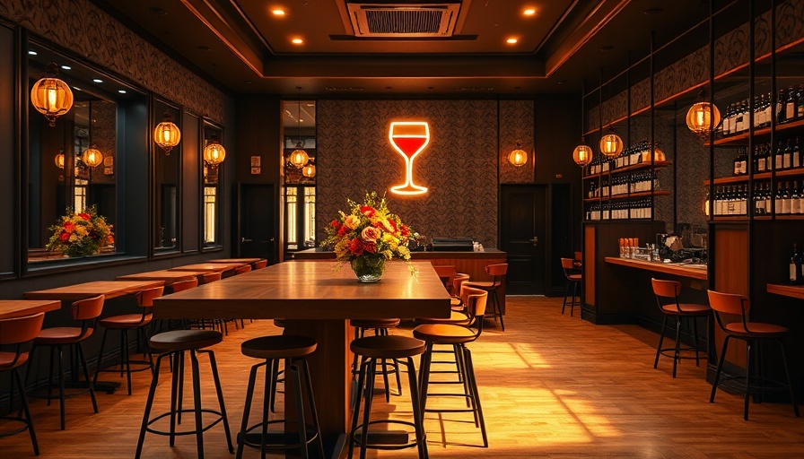Interior of a new wine bar in Tiburon with chic decor and neon lighting.