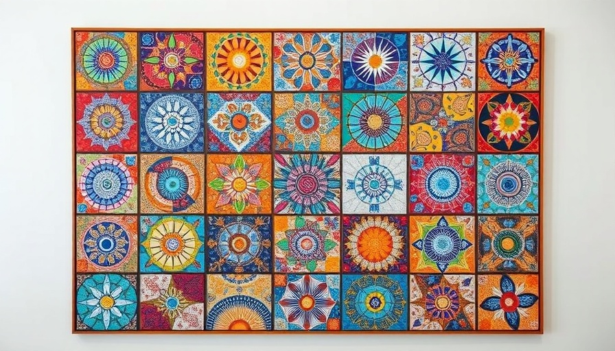 Vibrant abstract mosaic art grid display in art galleries.