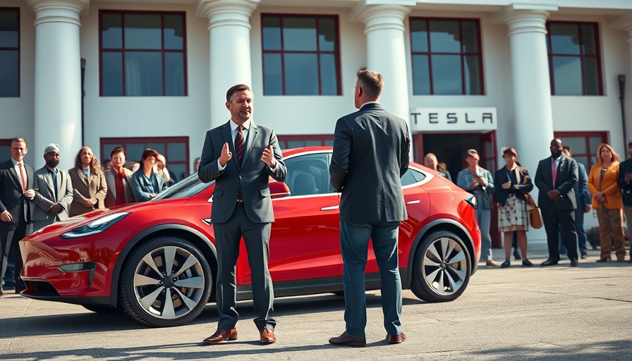 Two men speaking in front of a red Tesla at an official building.