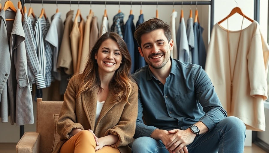 Smiling duo in a peer-to-peer clothing rental marketplace setting.