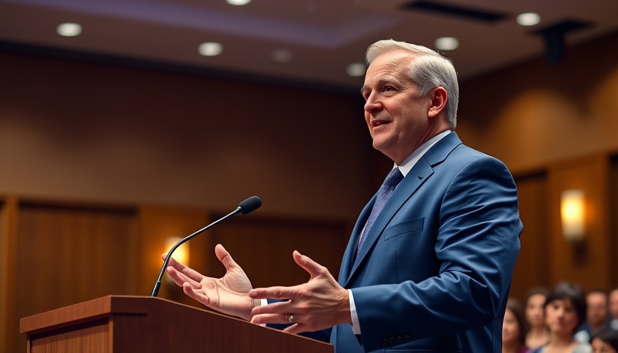 Speaker discussing Trump tariffs on Canada at a podium.