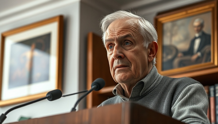 Older male speaking at podium, serious expression in indoor setting.