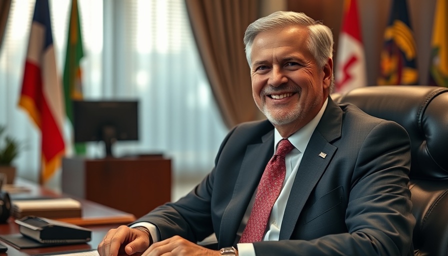 Smiling man in suit at office desk, soft lighting.