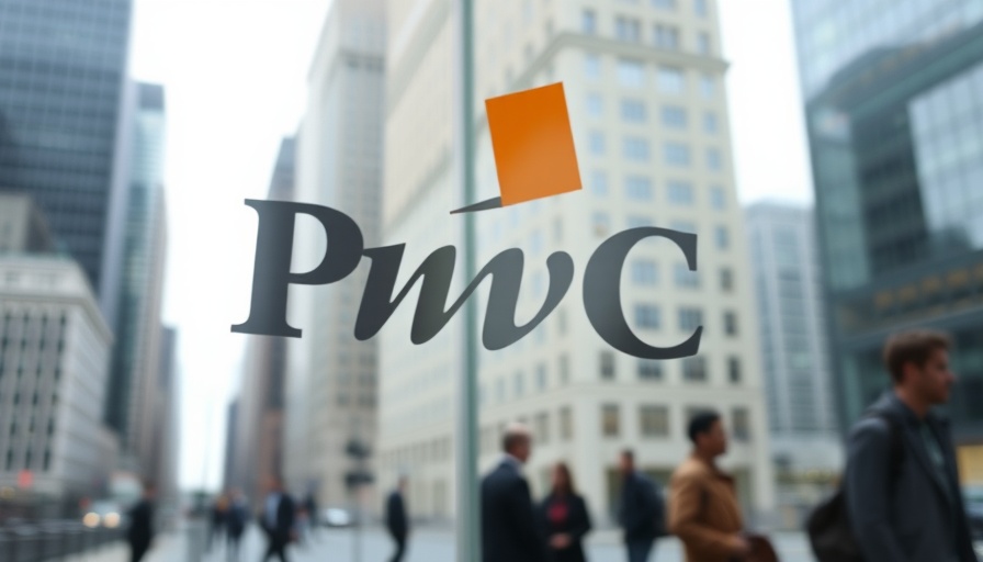 PwC logo reflected on glass, blurred urban scene.