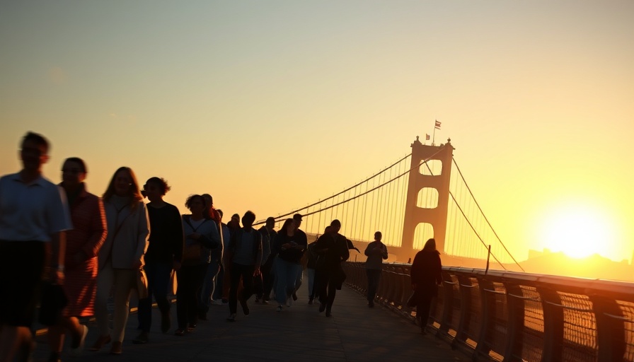 Diverse group walking over a bridge at sunrise.