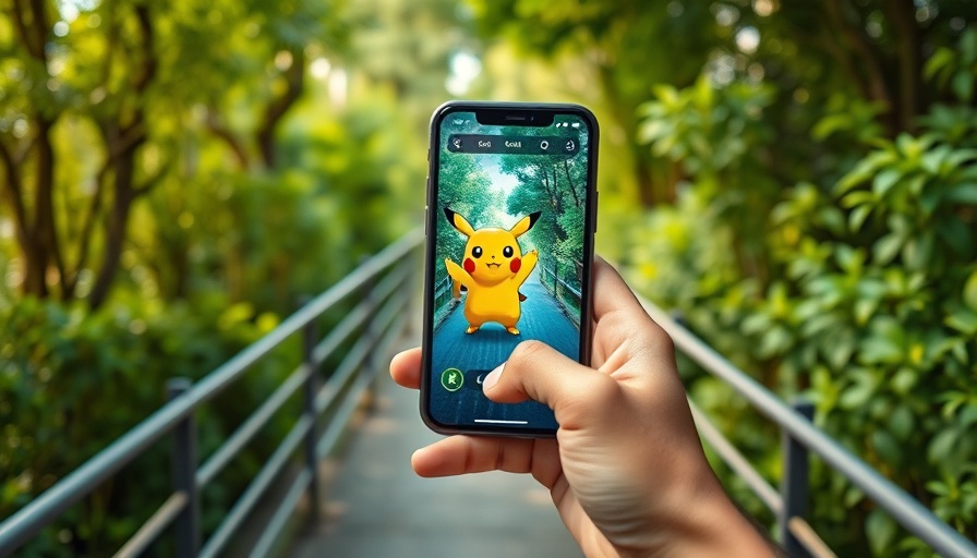 Playing Pokémon GO outdoors, Pikachu on phone screen.