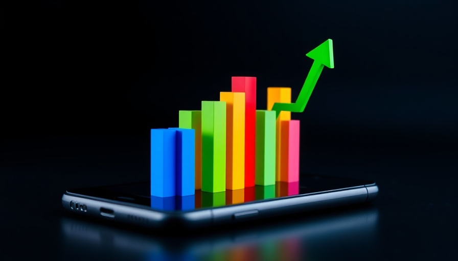 3D bar chart with green arrow on smartphone.