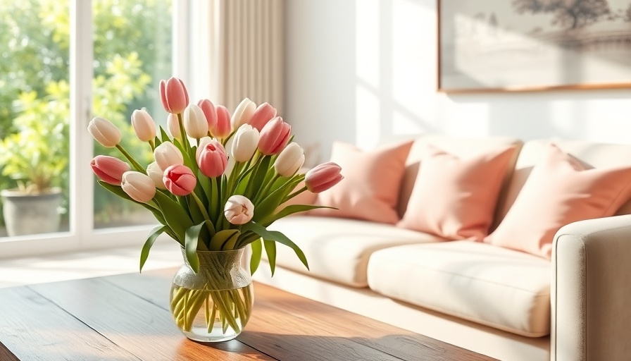 Bright spring living room with pink tulips, reflecting Partnering with the Right Agent in Spring Selling.