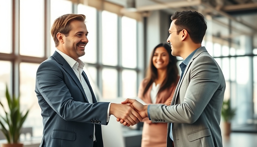 Smiling professional shaking hands in modern office, discussing mortgage factors.