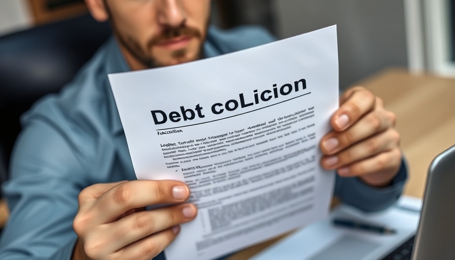 Debt collection letter being read by a man at a desk.
