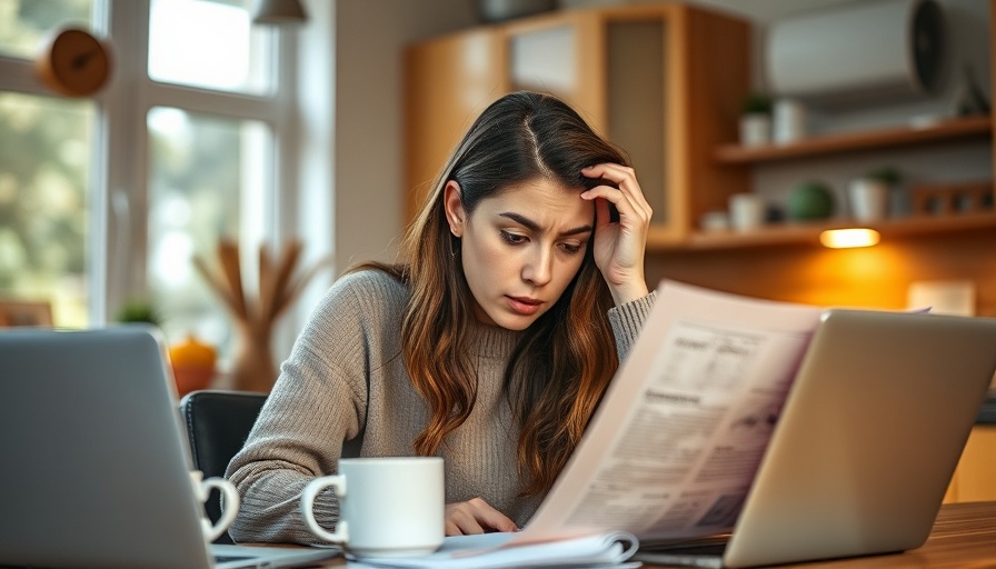 Stressed mother reviewing documents, wondering what to do when laid off, in kitchen.