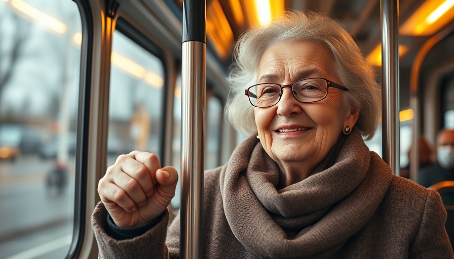 Elderly woman on a bus, warm clothing, RRIF withdrawals reflection.