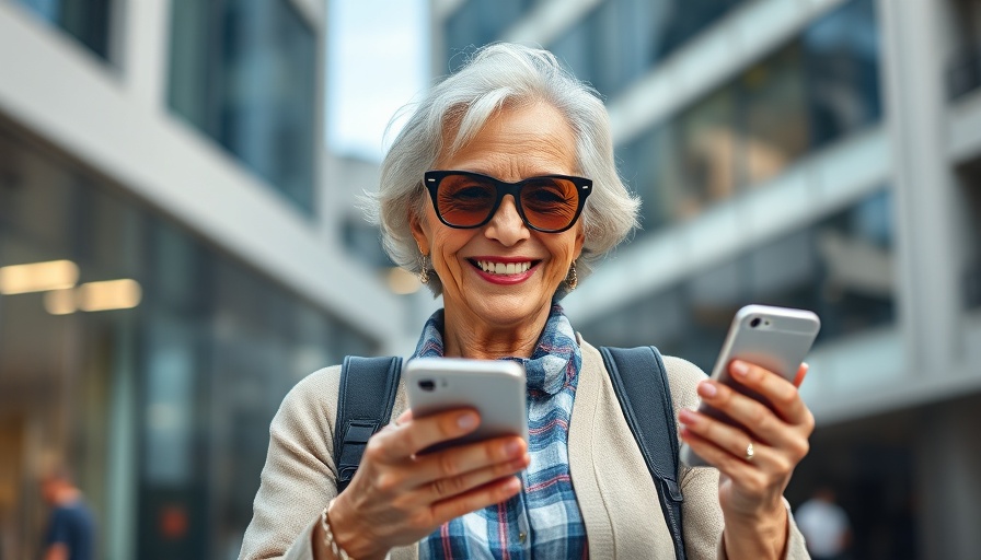 Older woman in sunglasses uses smartphone, tax brackets for retirees 2025