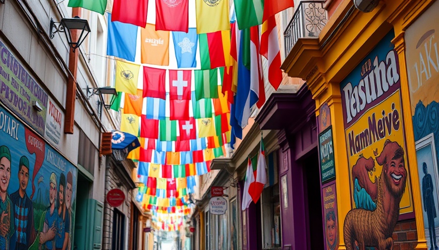 Cheerful man exploring colorful flag-adorned street.